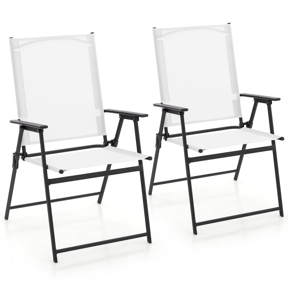White patio folding chairs with armrests, sturdy metal frame, portable design, ideal for deck and garden use.