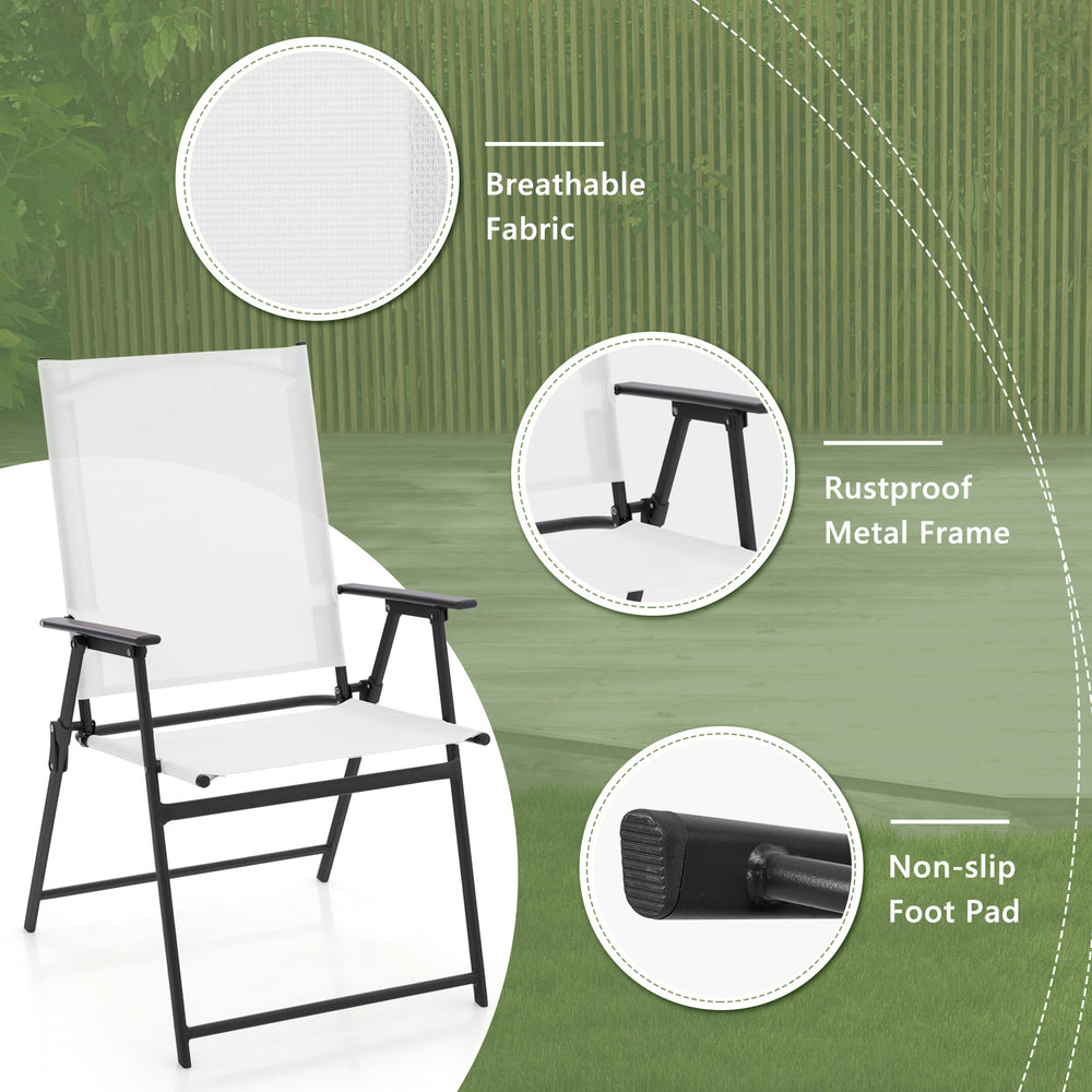 White patio folding chair with breathable fabric and rustproof metal frame, ideal for deck and garden use.