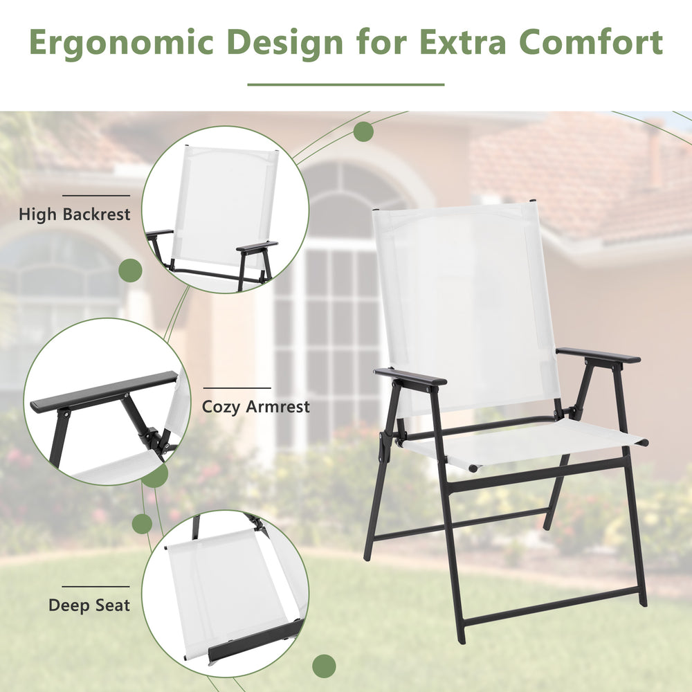 White patio folding chair with armrests, high backrest, and deep seat, perfect for outdoor deck and garden use.