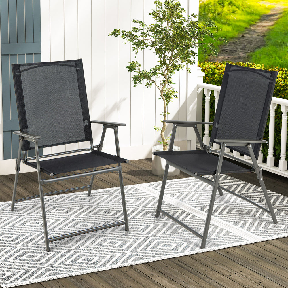 2 Pieces Patio Folding Chairs with Armrests for Deck Garden Yard-Black & Gray - Gallery View 1 of 8
