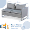 Gray 2-piece patio sofa set with cushions, featuring colorfast PE wicker and sturdy metal frame, ideal for outdoor use.