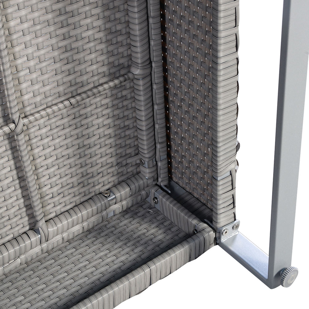 Close-up of the gray PE wicker texture and sturdy metal frame of the 2-piece patio furniture sofa set with cushions.