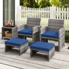 Navy blue PE rattan ottomans with soft zippered cushions, perfect as footrests or extra seating for outdoor spaces.