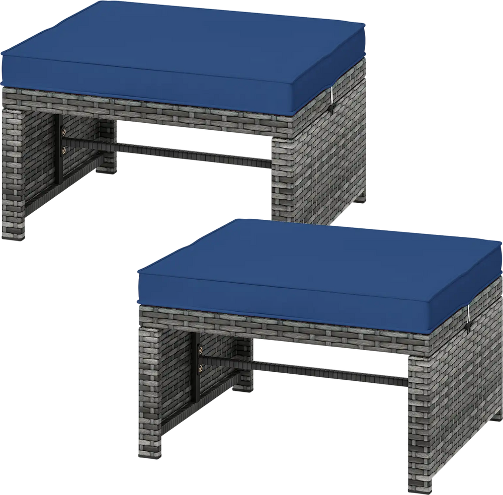 Set of 2 patio PE rattan ottomans with navy zippered cushions, ideal for outdoor seating or as coffee tables.