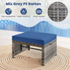 Navy blue cushion on a mix gray PE rattan ottoman, ideal for outdoor use as a footrest or extra seating.