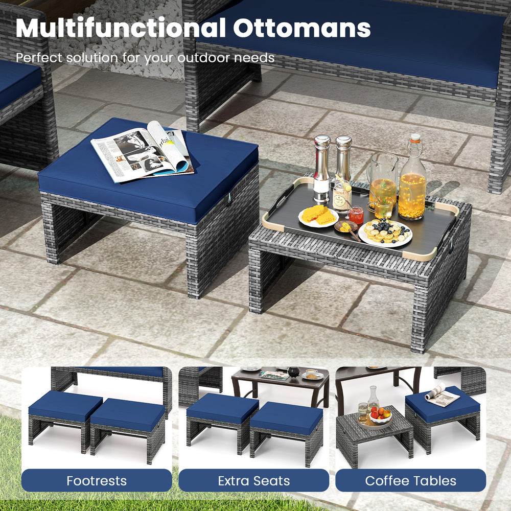 Navy PE rattan ottoman with soft zippered cushion, multifunctional for footrest, extra seating, or coffee table use.