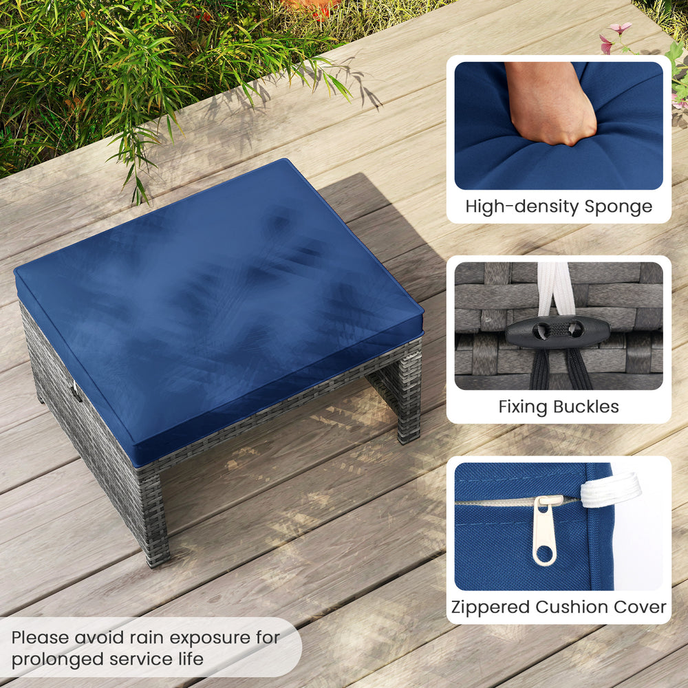 Navy blue patio ottoman with zippered cushion, made of PE rattan, ideal for outdoor seating or as a coffee table.