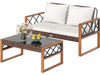 Two-piece patio furniture set featuring a white cushioned loveseat and glass-top coffee table for outdoor relaxation.