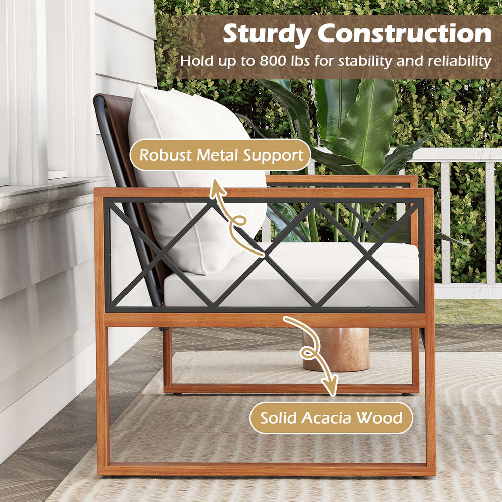 Close-up of the robust metal support and solid acacia wood frame of the patio furniture set for outdoor stability.