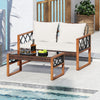 Two-piece patio furniture set featuring white cushions, PE rattan, and acacia wood, perfect for outdoor conversation.
