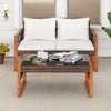 Patio PE wicker furniture set featuring a loveseat with white cushions and a glass-top coffee table, ideal for outdoor.