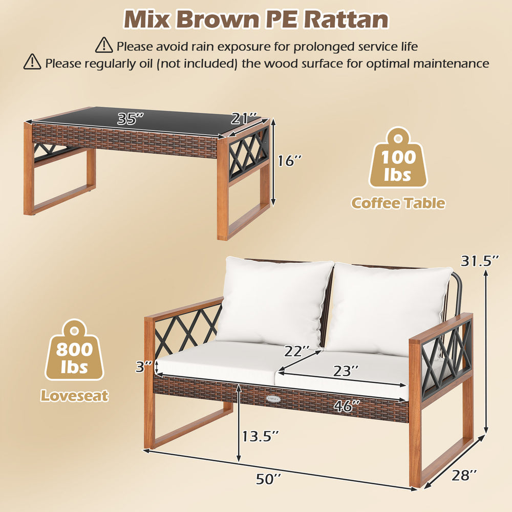 Loveseat with white cushions and mix brown PE rattan, suitable for patio and outdoor conversation, supports 800 lbs.