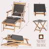 Folding lounge chair with retractable ottoman in brown PE wicker and acacia wood, ideal for patio and garden use.