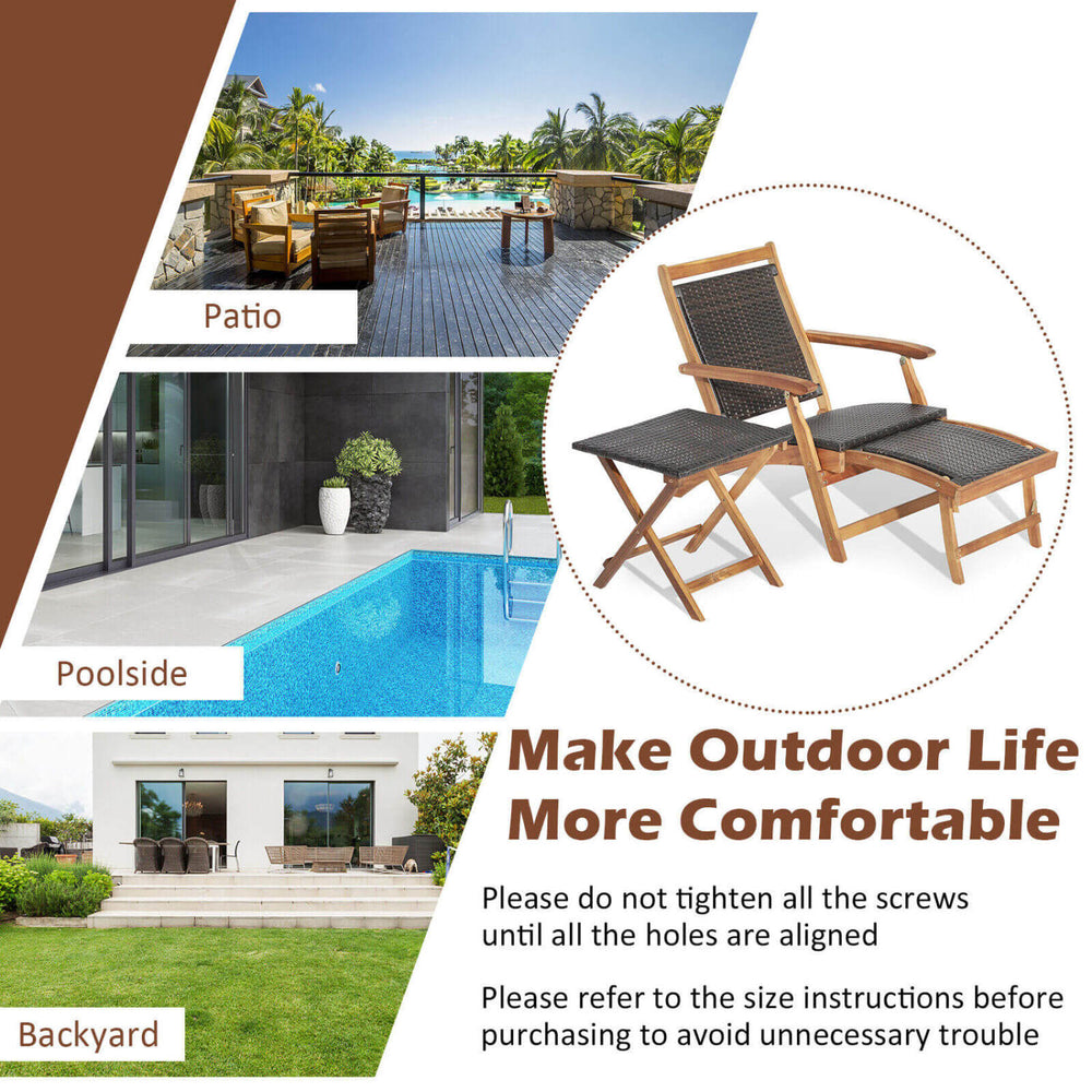 Folding lounge chair set with acacia wood table and PE wicker, perfect for patio, poolside, or backyard relaxation.