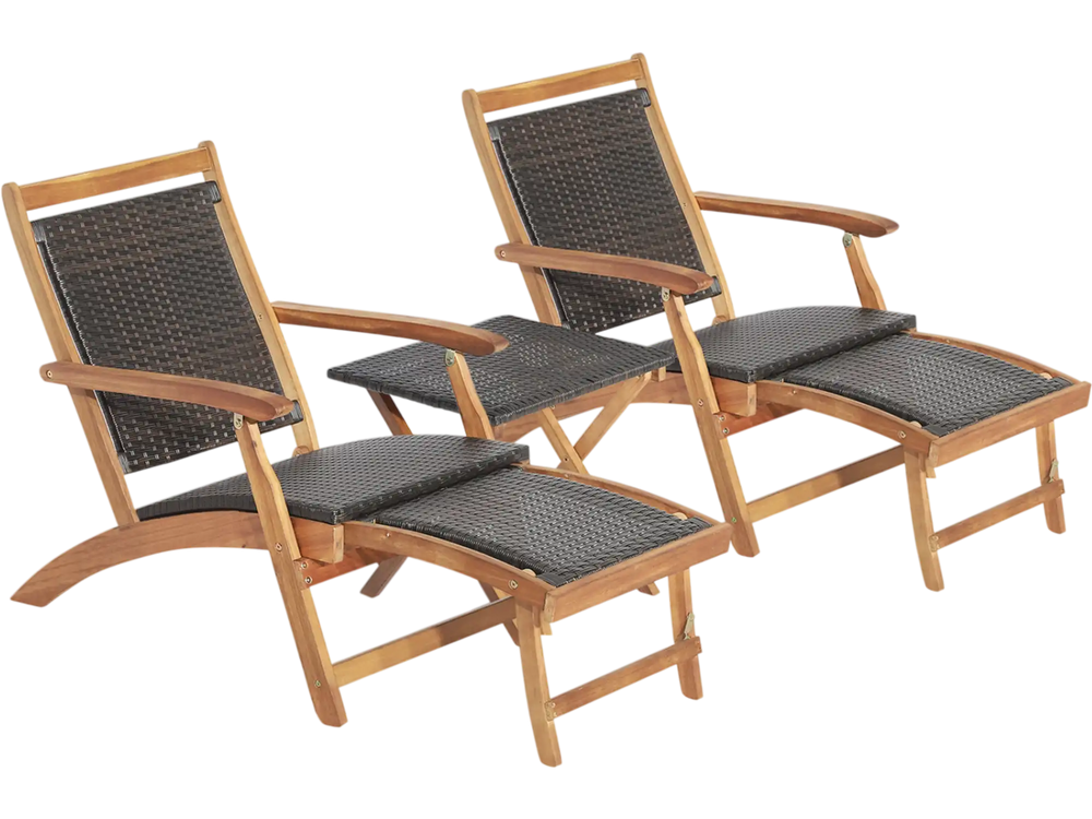 3 Pieces Patio Rattan Folding Lounge Chair Set of 2 with Acacia Wood Table