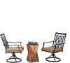 Two black patio swivel chairs with blossom pattern backrests and cushions, perfect for outdoor relaxation.