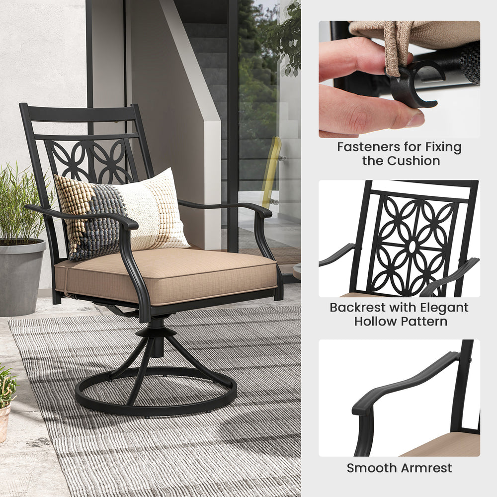 Patio swivel chair with blossom pattern backrest and thick cushion, designed for comfort and durability in outdoor.
