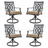 Set of 2 black patio swivel chairs featuring a blossom pattern backrest and thick cushions for outdoor comfort.