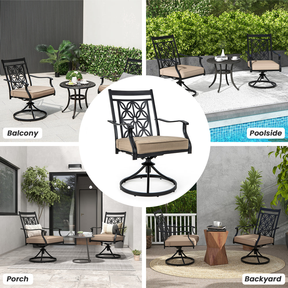 Patio swivel chair with blossom pattern backrest, black frame, and thick cushion for outdoor comfort and elegance.