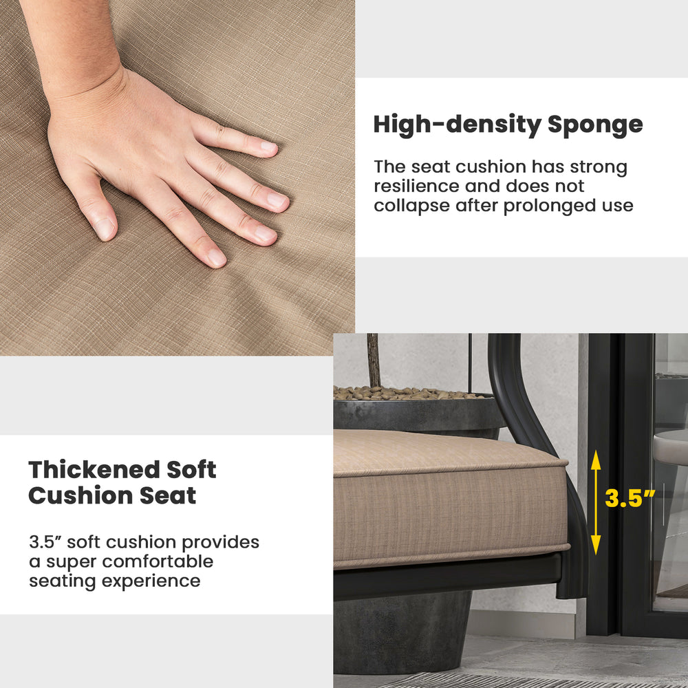 Thickened 3.5" soft cushion of a patio swivel chair, featuring high-density sponge for comfort and resilience.