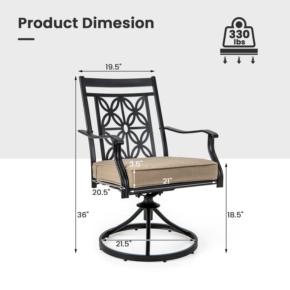 Patio swivel chair featuring a blossom pattern backrest, 3.5" thick cushion, and a 330 lbs weight capacity.