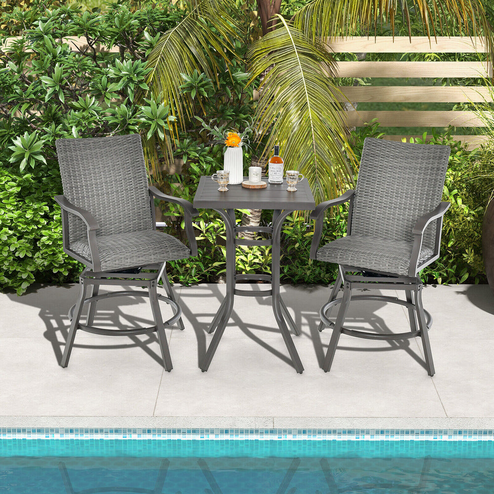 Two gray PE rattan patio swivel bar chairs with quick-dry cushions and a small table, perfect for poolside relaxation.