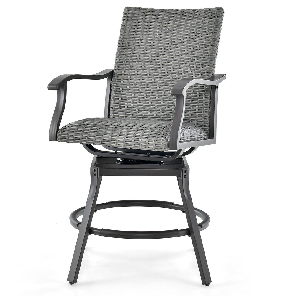 Gray PE rattan patio swivel bar chair with 360° swivel, quick-dry cushion, and footrest for outdoor relaxation.
