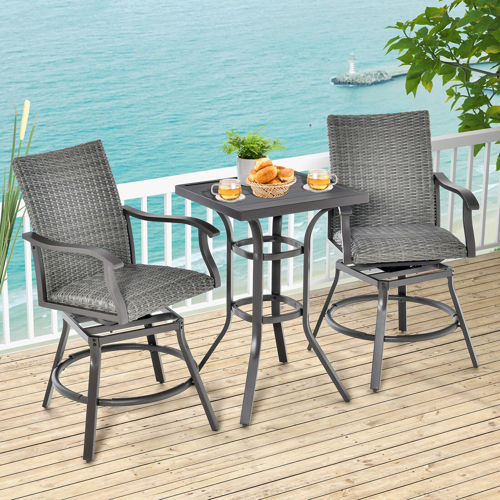 Patio swivel bar chair set featuring gray PE rattan, 360° swivel, and quick-dry cushions, ideal for outdoor relaxation.