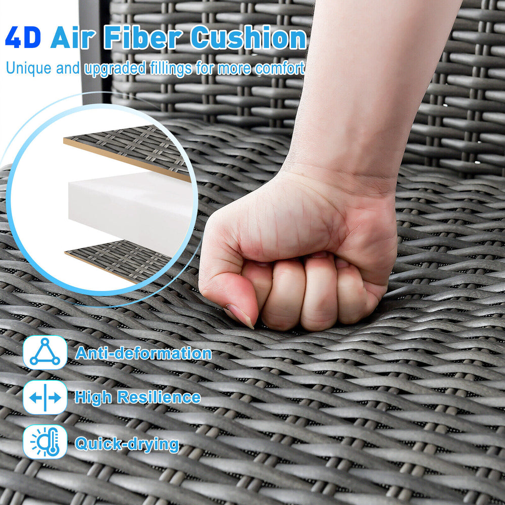 Close-up of 4D Air Fiber cushion on a patio swivel bar chair, featuring quick-drying material and anti-deformation.