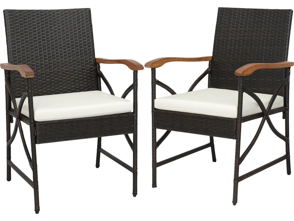 Set of 2 patio wicker dining chairs with ergonomic backrest, soft zippered cushions, and durable PE rattan for outdoor.