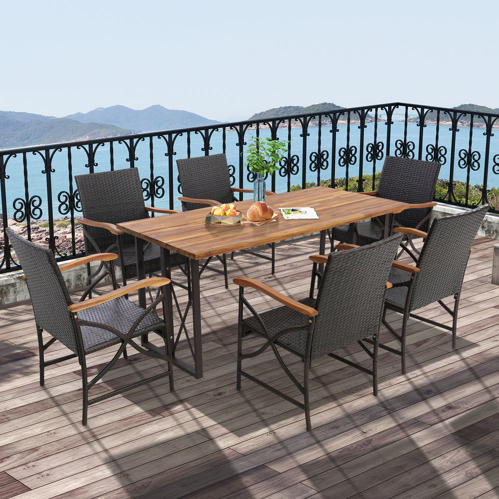 Patio wicker dining chairs with soft zippered cushions, ergonomic design, and durable PE rattan for outdoor use.