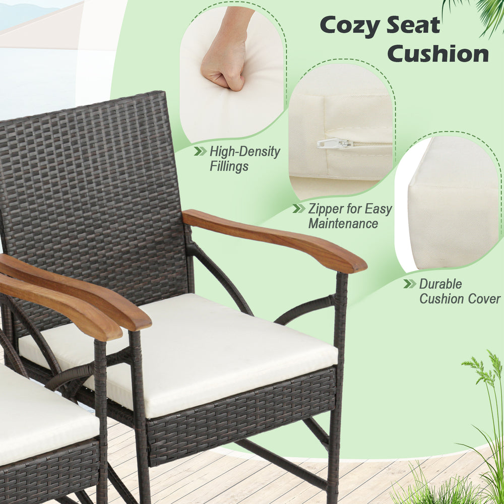 Cozy seat cushion detail of patio wicker dining chair with zippered cover, featuring high-density fillings for comfort.