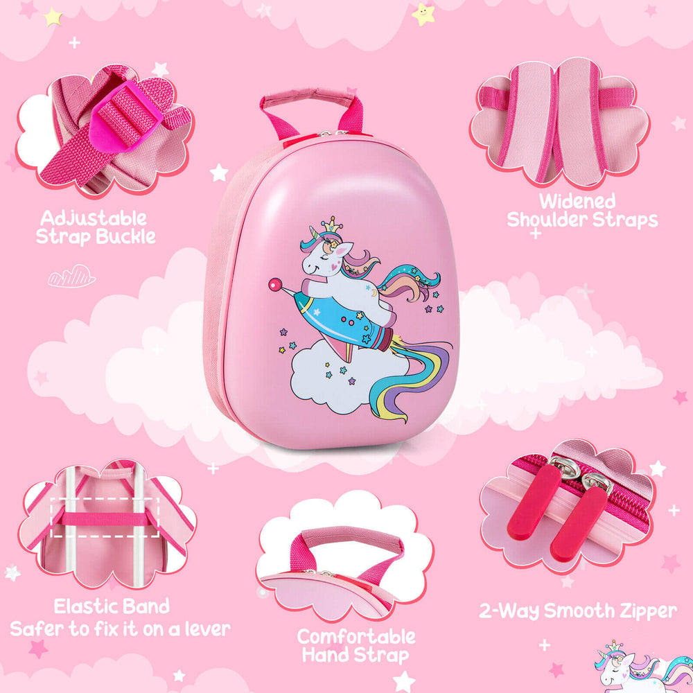 Pink unicorn backpack featuring adjustable straps, 2-way smooth zipper, and comfortable hand strap for kids.