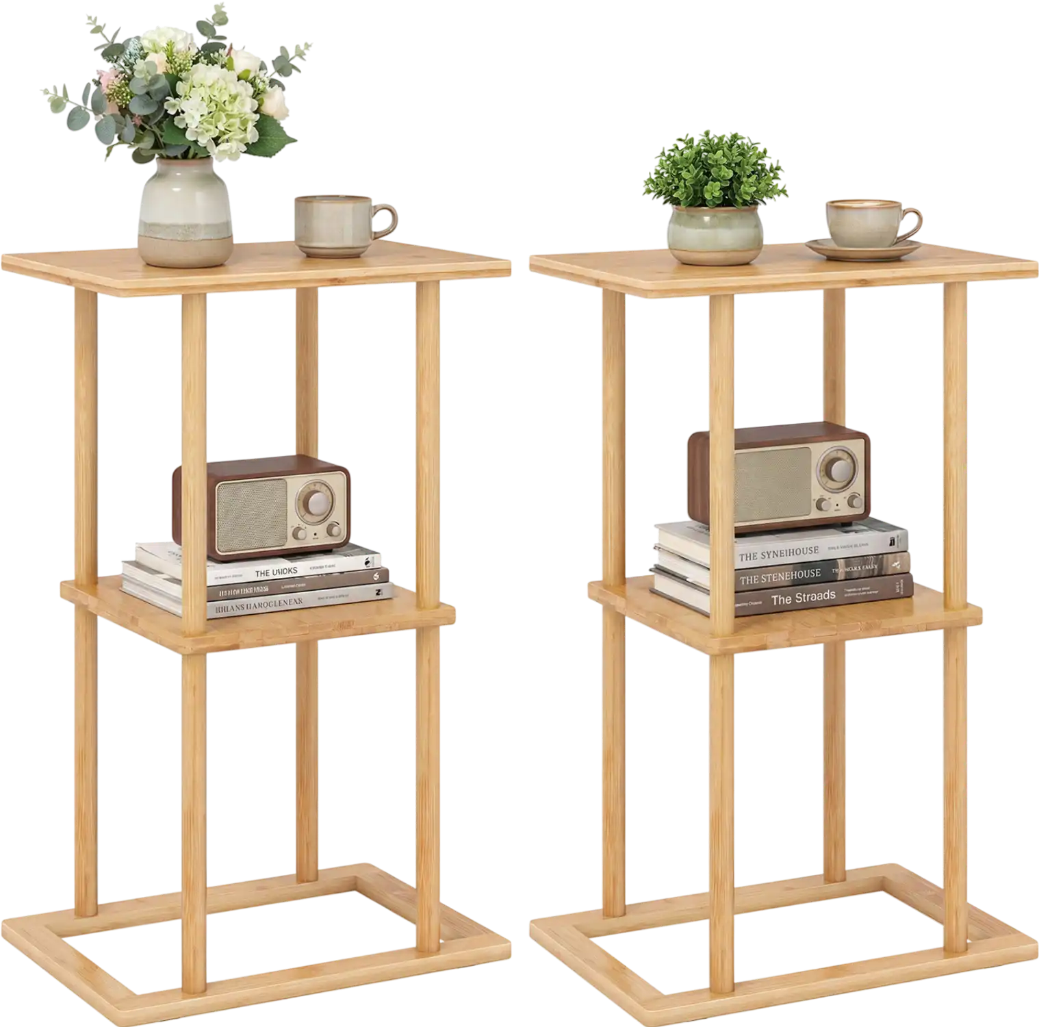 Costway 2-Piece Bamboo Side Table Set with Storage Shelves 12212576 New