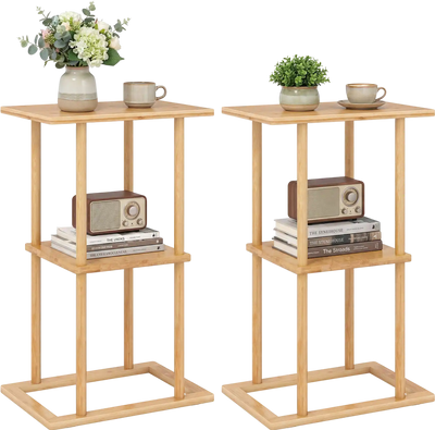 Costway 2-Piece Bamboo Side Table Set with Storage Shelves 12212576 New