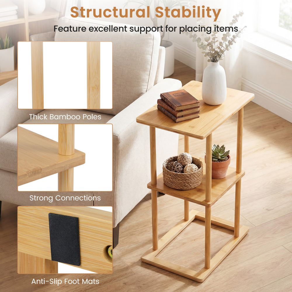 Natural bamboo side table with storage shelves, featuring thick poles and anti-slip foot mats for stability.