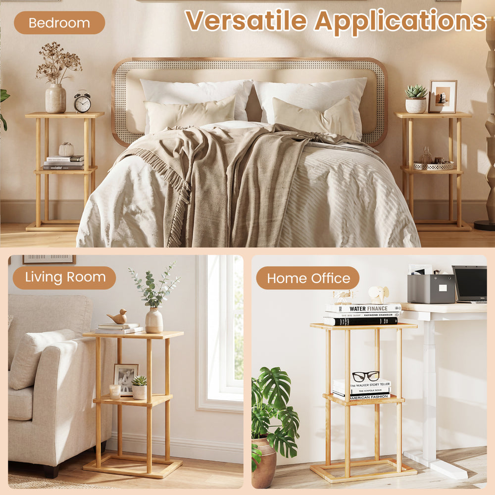 Bamboo side table with 2-tier storage shelves, perfect for living room or home office use, featuring a sturdy base.