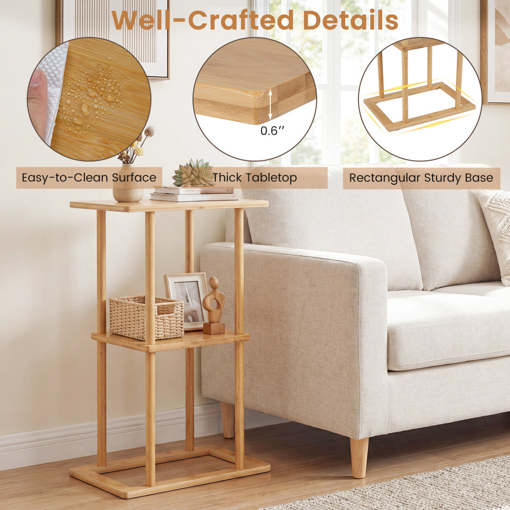 Bamboo side table with 0.6" thick tabletop and storage shelves, perfect for living room or home office use.