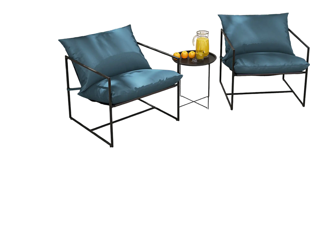 Two navy sling accent chairs with cushions under a patio umbrella, perfect for indoor or outdoor relaxation.