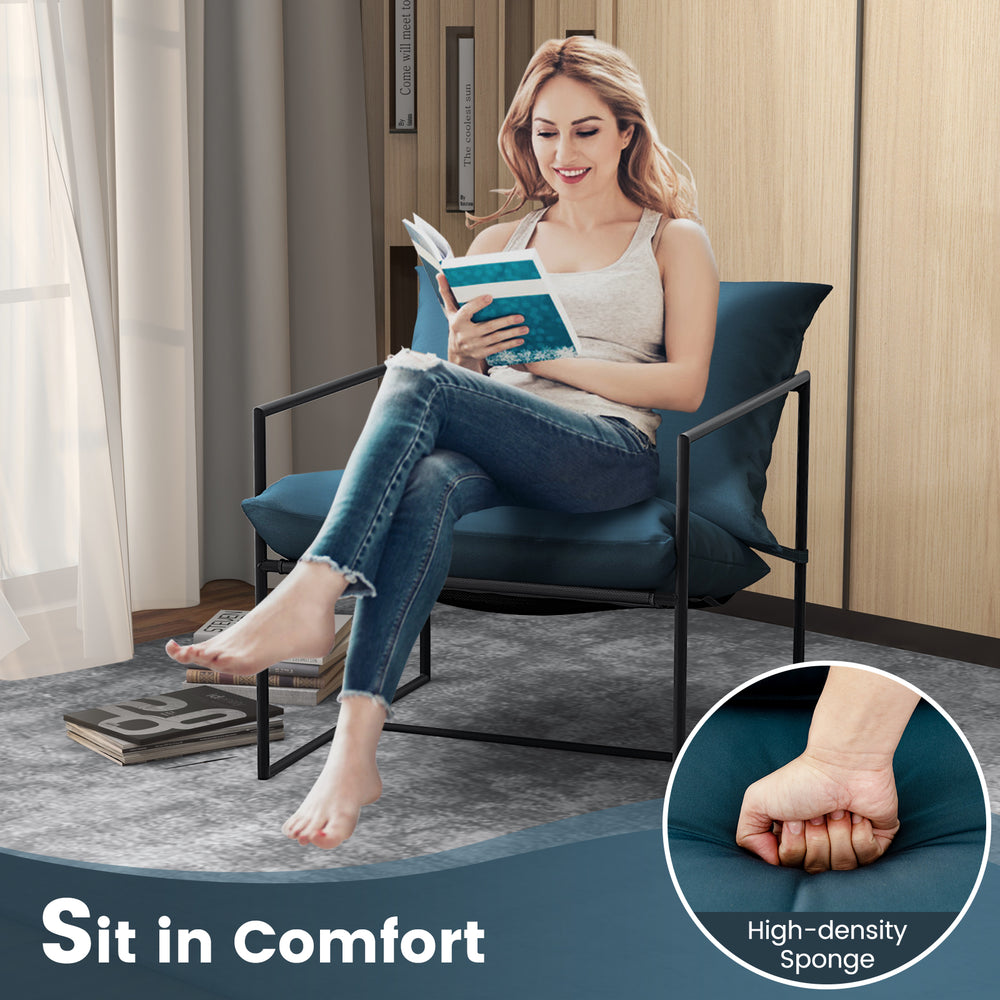 Navy sling accent chair featuring deep seating and ultra-soft cushions, perfect for indoor or outdoor relaxation.