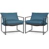 Two navy sling accent chairs with weatherproof fabric and reinforced metal frame, perfect for indoor or outdoor use.