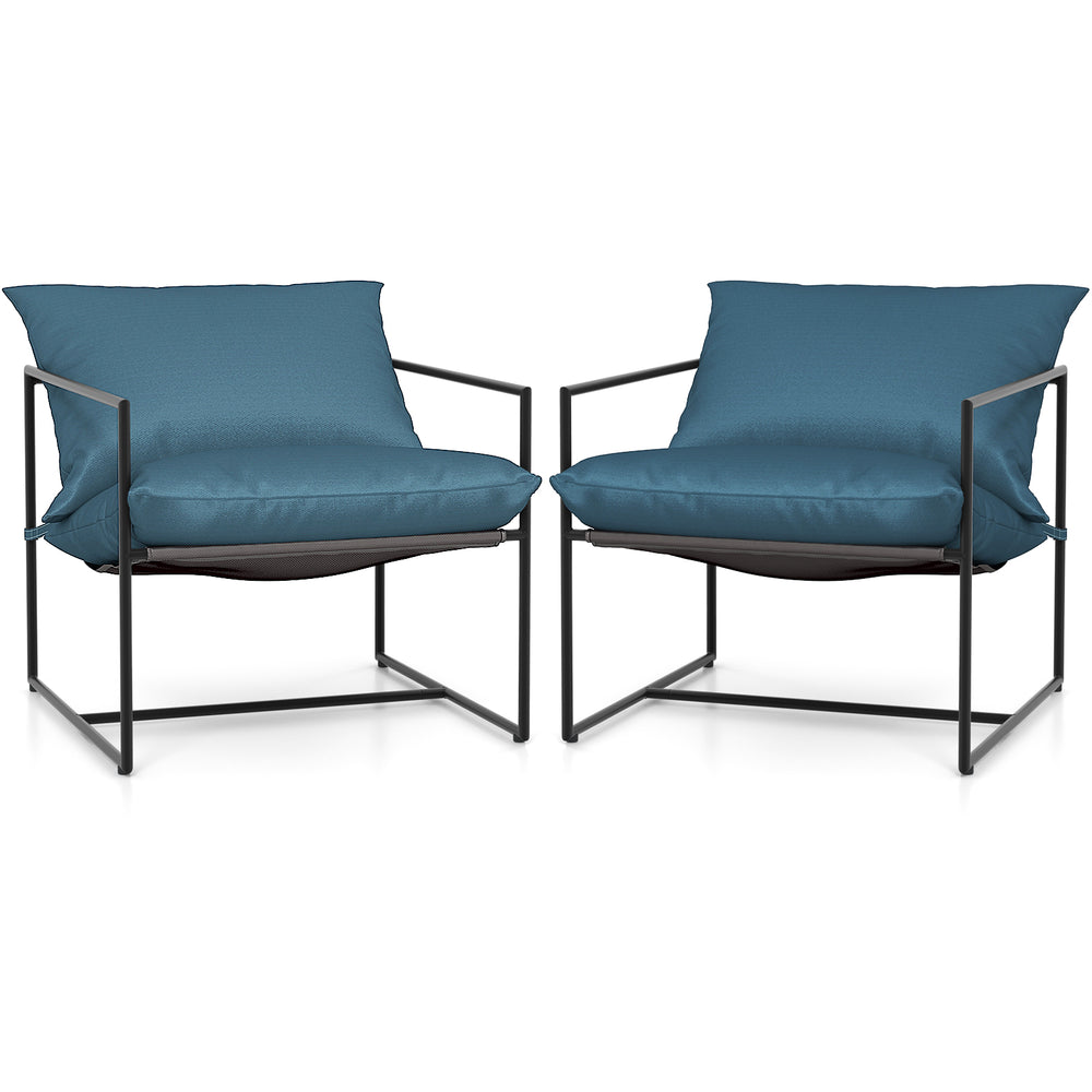 Two navy sling accent chairs with weatherproof fabric and reinforced metal frame, perfect for indoor or outdoor use.