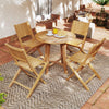 Teak wood outdoor dining set featuring four folding chairs and a round table, perfect for patio relaxation.