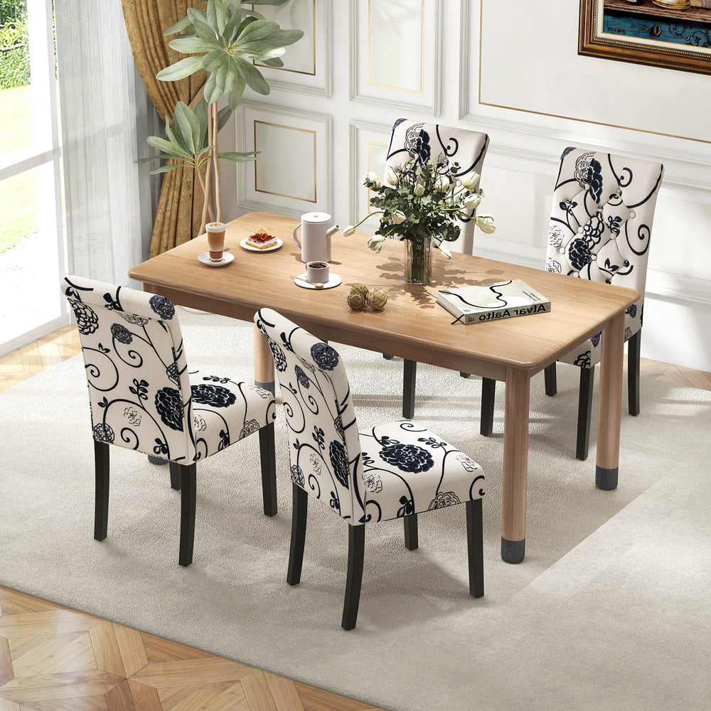 Tufted dining chair set in blue and white with curved backrest, sturdy wood legs, and adjustable anti-slip foot pads.
