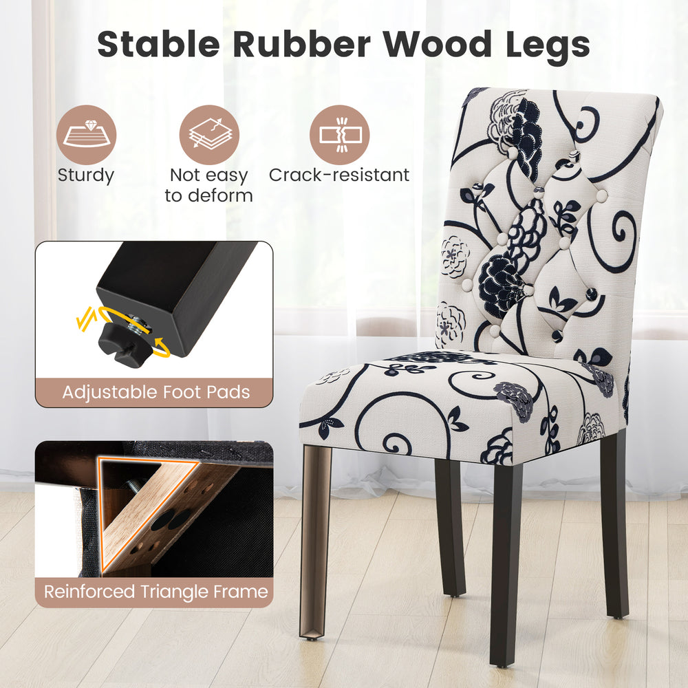Tufted dining chair with blue and white linen fabric, sturdy rubber wood legs, and adjustable foot pads for stability.