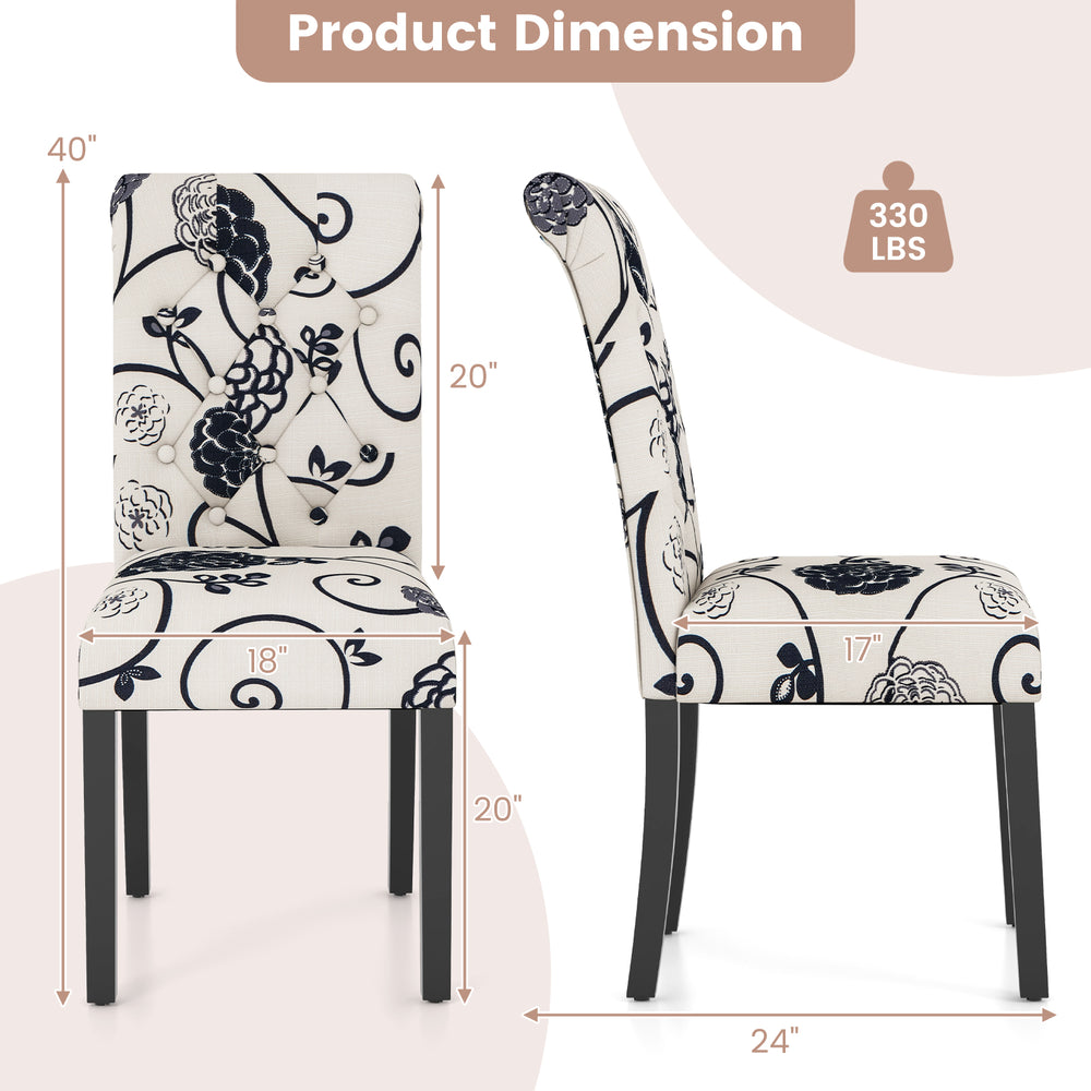 Side view of a tufted dining chair with blue and white linen fabric, featuring a curved backrest and adjustable foot.