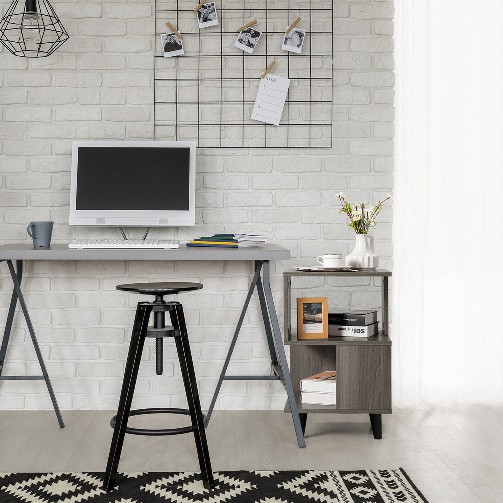 Modern wooden nightstand set with legs, featuring a smooth surface and asymmetrical design, ideal for small spaces.