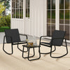 Two black rocking bistro chairs with a glass-top table, perfect for relaxing on the porch or balcony.
