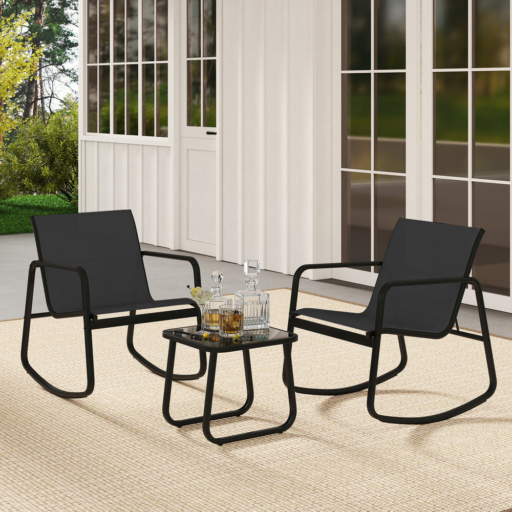 2 Rocking Bistro Chairs and Glass-Top Table for Porch Yard Balcony-Black - Gallery View 1 of 10