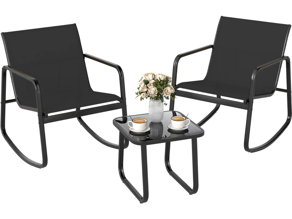 Two black rocking bistro chairs with a glass-top table, perfect for outdoor relaxation on the porch or balcony.